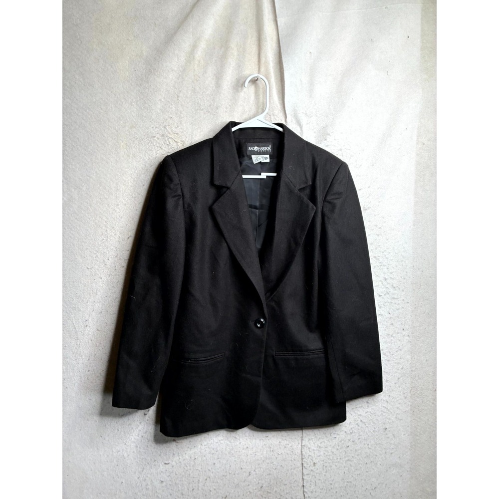 Sag Harbor Petite Blazer Jacket Womens 12P Black Wool Single Breasted Formal